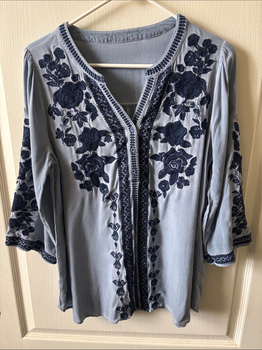 Embroidered V-Neck Tunic Top - Light Blue with Navy Floral Embroidery